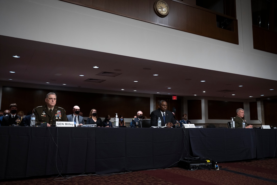 Secretary of Defense Lloyd J. Austin III, Gen. Mark Milley, chairman of the Joint Chiefs of Staff and Gen. Kenneth McKenzie, commander, United States Central Command appear before the Senate Armed Services Committee on the conclusion of military operations in Afghanistan and plans for future counterterrorism operations. (DoD photo by Chad J. McNeeley)