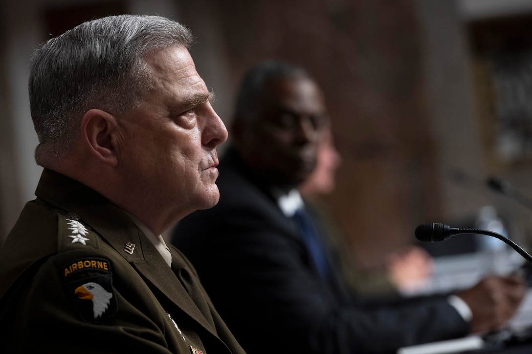 Secretary of Defense Lloyd J. Austin III, Gen. Mark Milley, chairman of the Joint Chiefs of Staff and Gen. Kenneth McKenzie, commander, United States Central Command appear before the Senate Armed Services Committee on the conclusion of military operations in Afghanistan and plans for future counterterrorism operations. (DoD photo by Chad J. McNeeley)