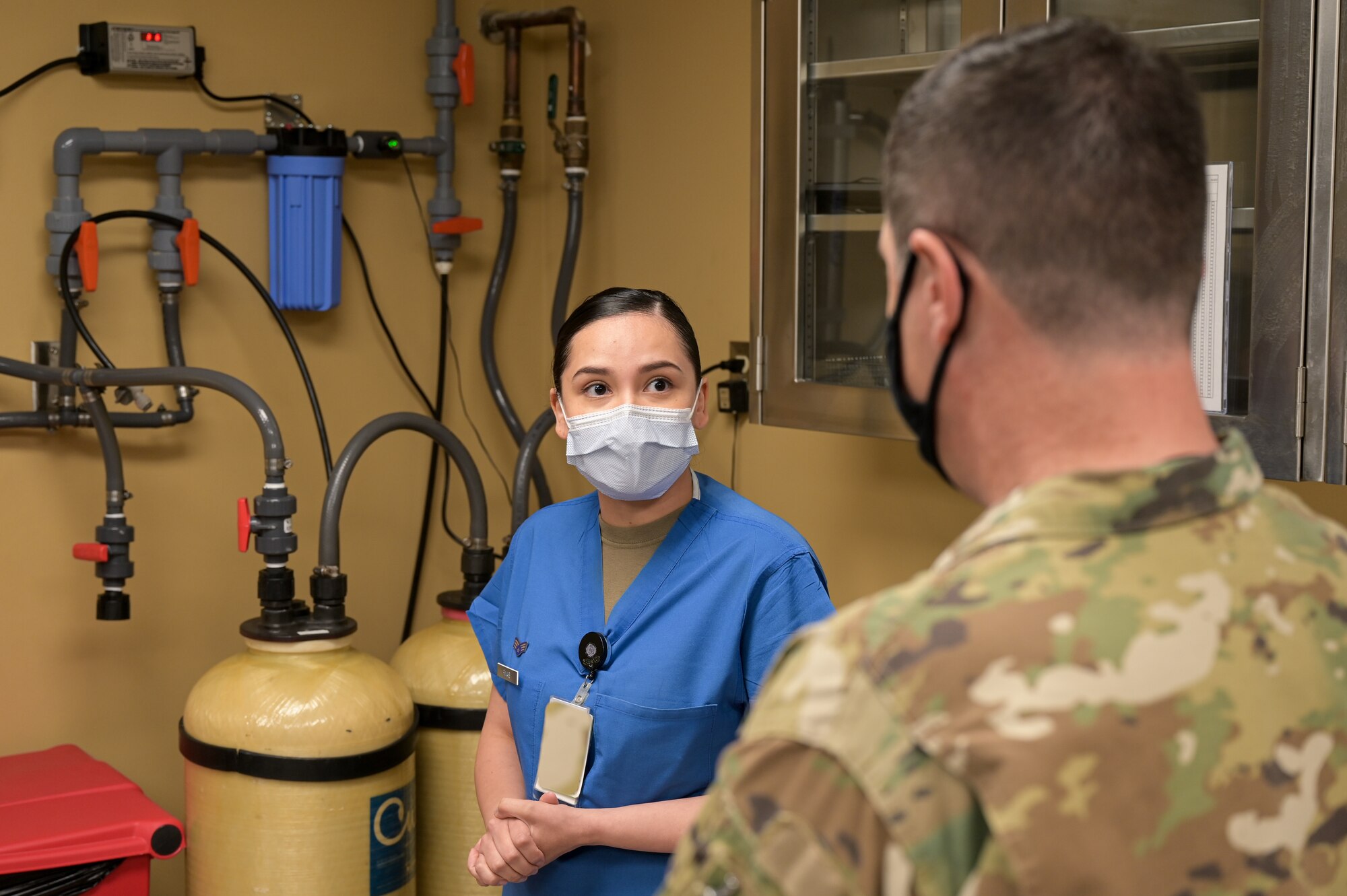 Maj. Gen. Andrew Gebara, right, 8th Air Force and Joint-Global Strike Operations Center commander, receives a brief by Senior Airman Mariah Rivas, 2nd Operations Medical Readiness Squadron dentistry apprentice, at Barksdale Air Force Base, Louisiana, Sept. 28, 2021. Gebara visited multiple units during his visit, immersing himself into Barksdale’s Stiker Nation. (U.S. Air Force photo by Airman 1st Class Jonathan E. Ramos)