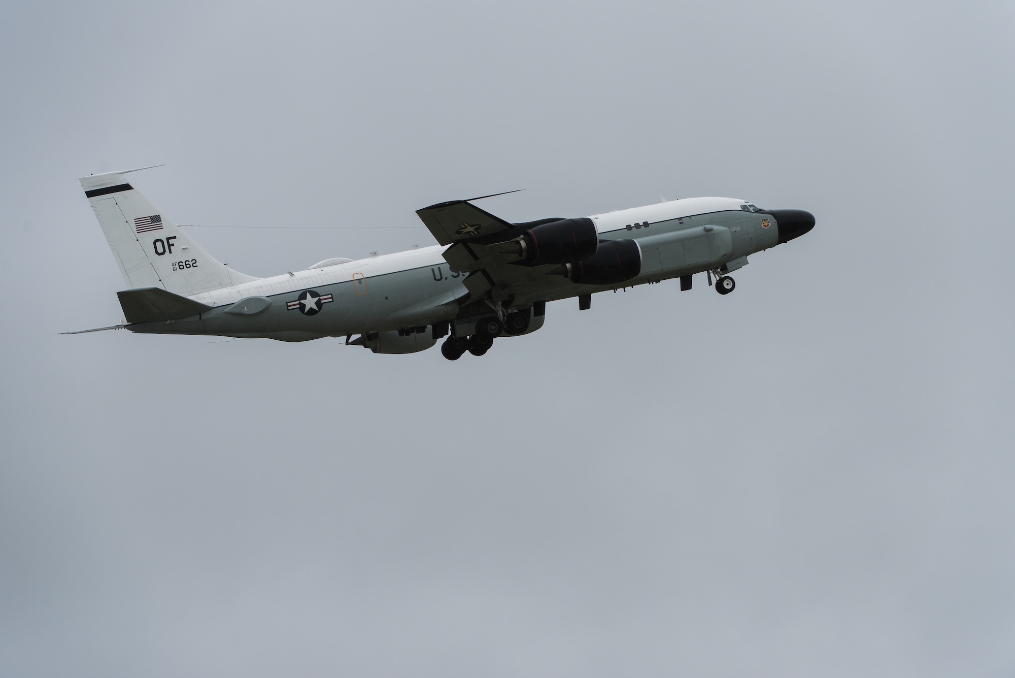 A U.S. Air Force RC-135 Cobra Ball takes off