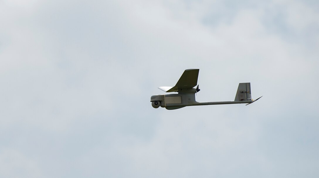 A U.S. Air Force RQ-11B Raven small unmanned aerial system flies