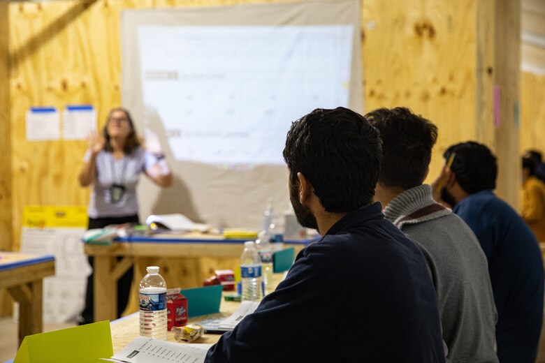 Afghan evacuees attend school to learn English on Holloman Air Force Base, New Mexico, Sept. 28, 2021.The Department of Defense, through the U.S. Northern Command, and in support of the Department of State and Department of Homeland Security, is providing transportation, temporary housing, medical screening, and general support for at least 50,000 Afghan evacuees at suitable facilities, in permanent or temporary structures, as quickly as possible. This initiative provides Afghan evacuees essential support at secure locations outside Afghanistan. (U.S. Army photo by Spc. Nicholas Goodman)
