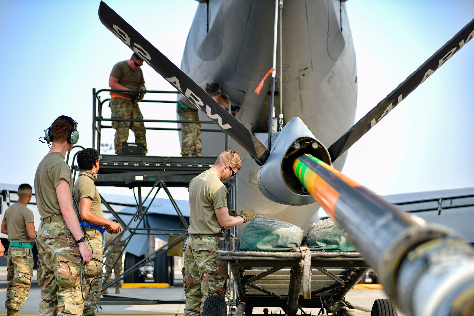 U.S. Air Force Airmen from the 92nd Aircraft Maintenance Squadron inspect the boom of a KC-135 Stratotanker at Fairchild Air Force Base, Washington Aug. 4, 2021.