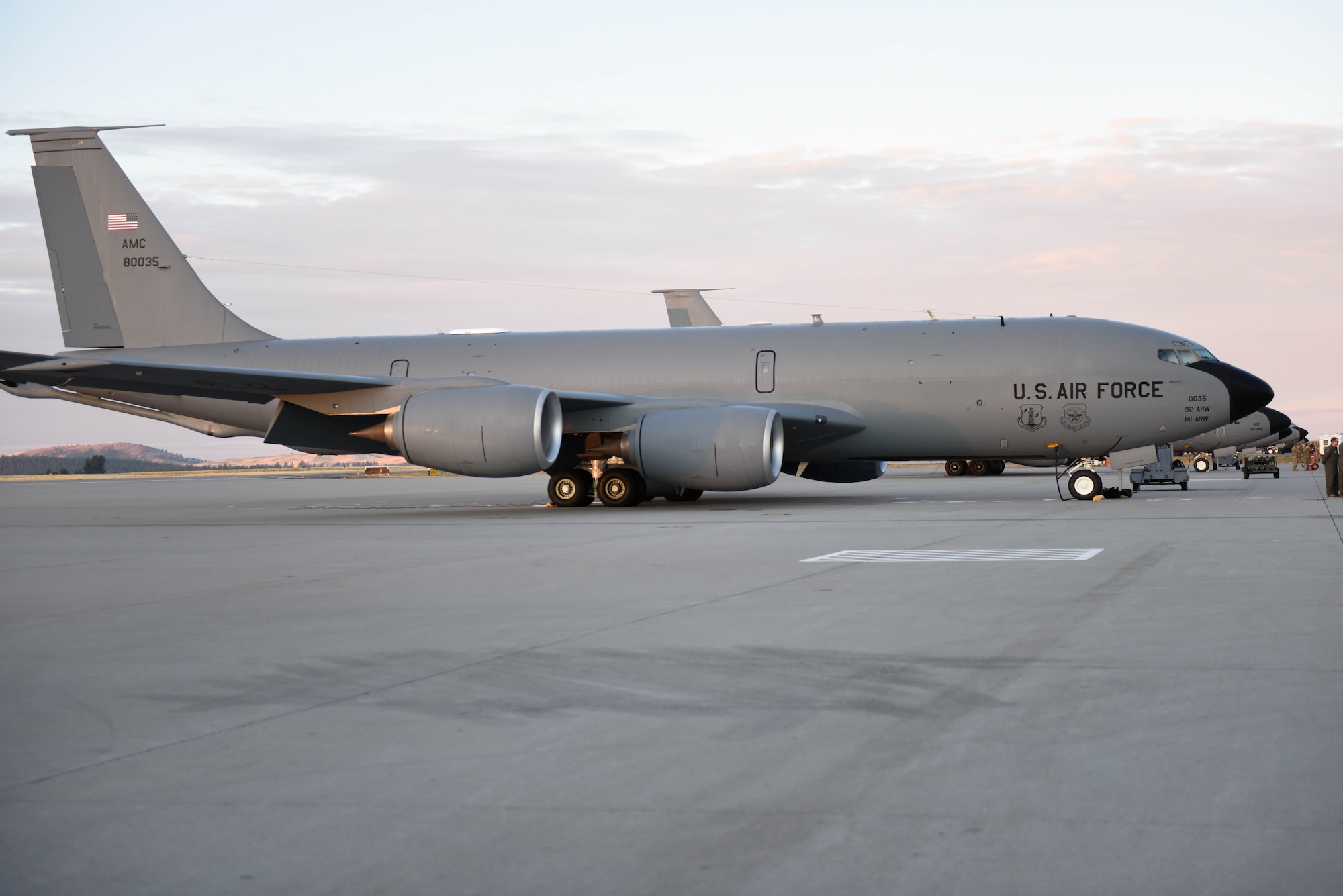 92nd Maintenance Group Airmen prepare multiple KC-135 Stratotankers on the flightline before a 20-aircraft minimal interval takeoff exercise at Fairchild Air Force Base, Washington, Sept. 29, 2021.