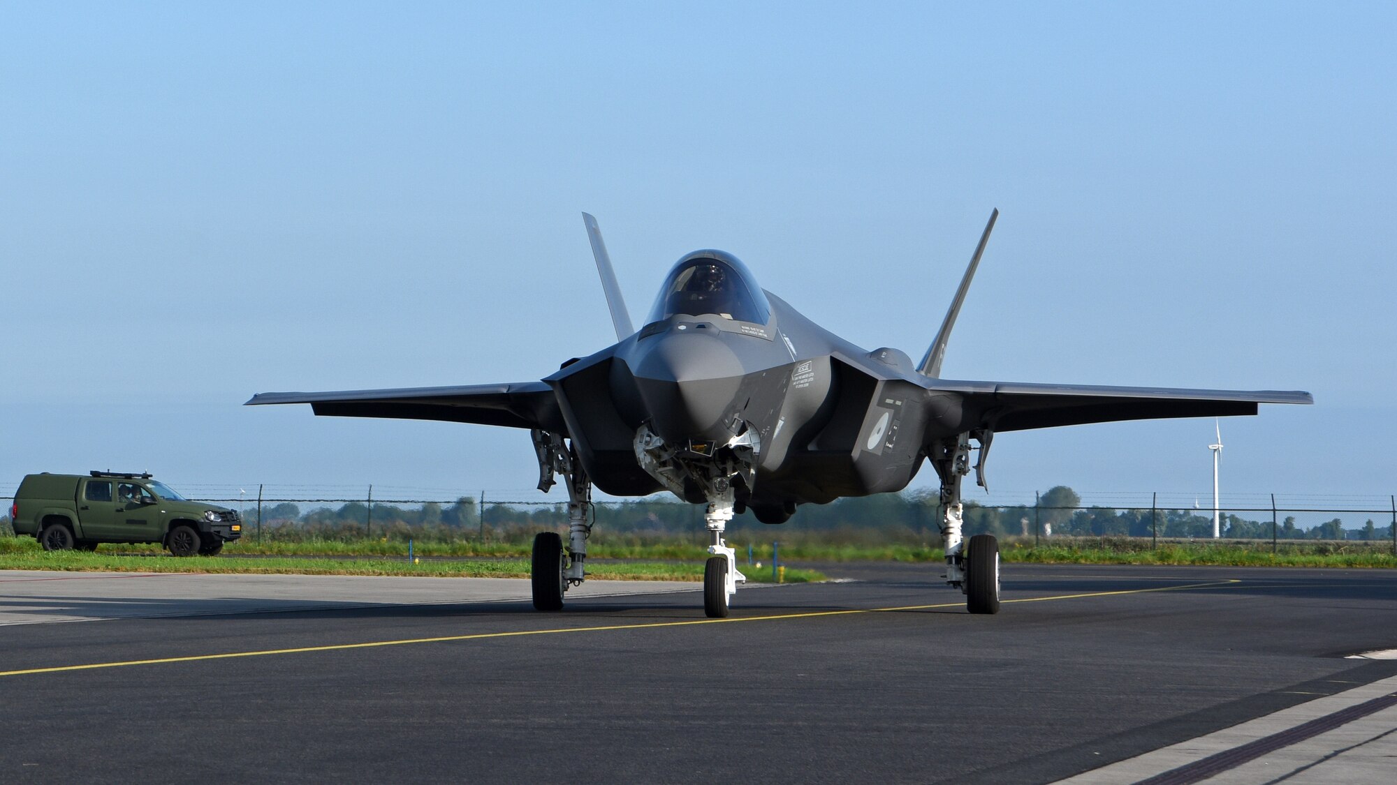 A Royal Netherlands Air Force F-35A Lightning II aircraft taxis at Leeuwarden Air Base, Netherlands, Sept. 14, 2021.  The aircraft participated in the Suppression of Enemy Air Defense phase of a weapons instructor course that included aircraft from the Netherlands, Norway, Belgium and the United States. (U.S. Air Force photo by Tech. Sgt. Anthony Plyler)