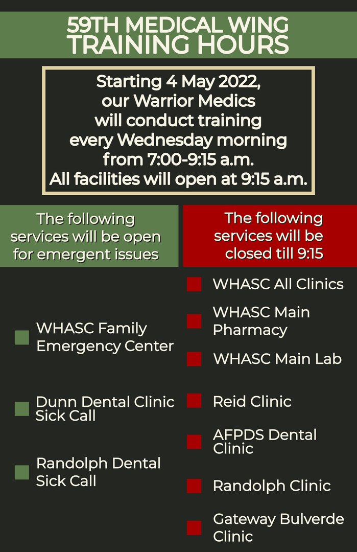 San Antonio beneficiaries, please be advised the 59th Medical Wing service hours are changing.

Starting 4 May 2022 all medical facilities will open at 9:15 a.m. every Wednesday to accommodate training. The Family Emergency Center, Dunn Dental Clinic sick call and Randolph Dental sick call will remain open for emergent issues.