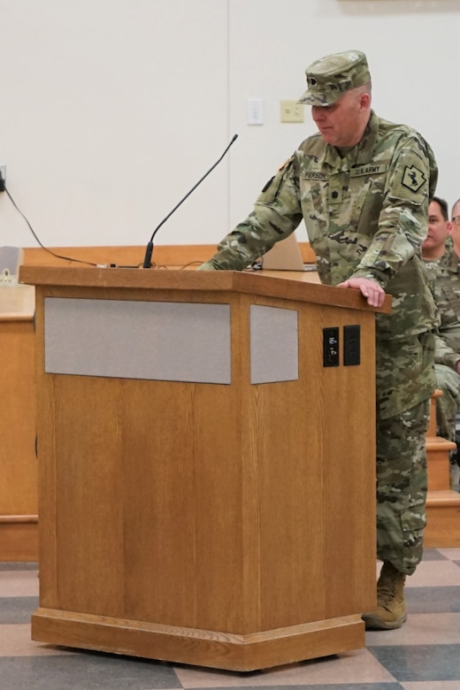 Lt. Col. Brad Pierson, incoming commander of the 55th Maneuver Enhancement Brigade, 28th Infantry Division, addresses the Soldiers of the 55th MEB for the first time during the 55th MEB change-of-command ceremony at Fort Indiantown Gap, Pa., on March 26, 2022.