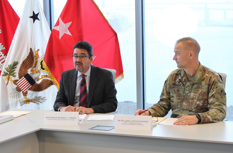 Assistant Secretary of the Army (Civil Works) Michael Connor, left, joins Maj. Gen. William "Butch" Graham, U.S. Army Corps of Engineers deputy commanding general for Civil and Emergency Operations, for a March 28 press conference at the Port of Long Beach, during which they discussed details of President Joe Biden’s fiscal year 2023 Army civil works budget.