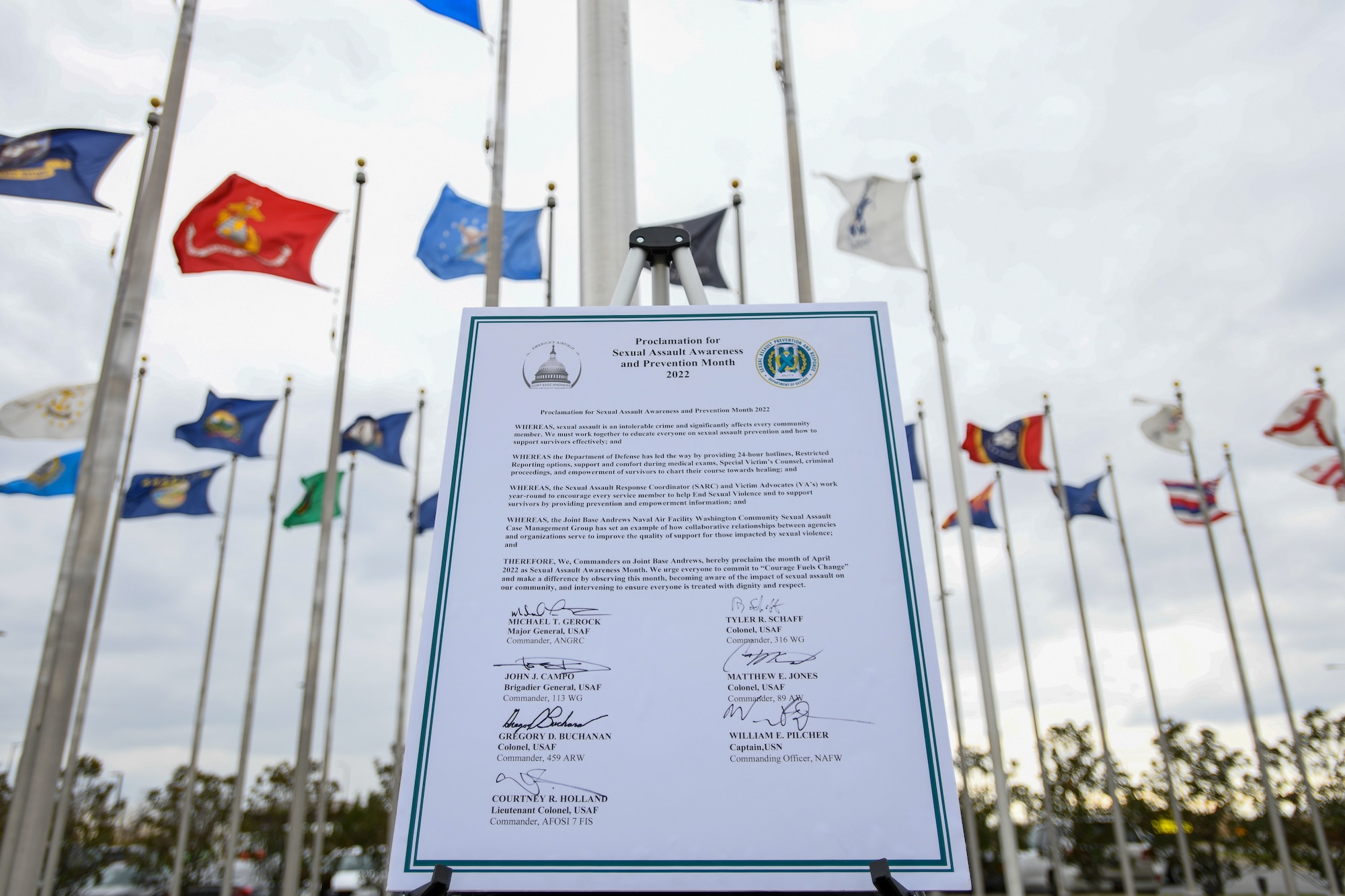 Joint Base Andrews senior leadership participated in a proclamation signing dedicated to Sexual Assault Awareness and Prevention Month, April 1, 2022, at Joint Base Andrews, Md.