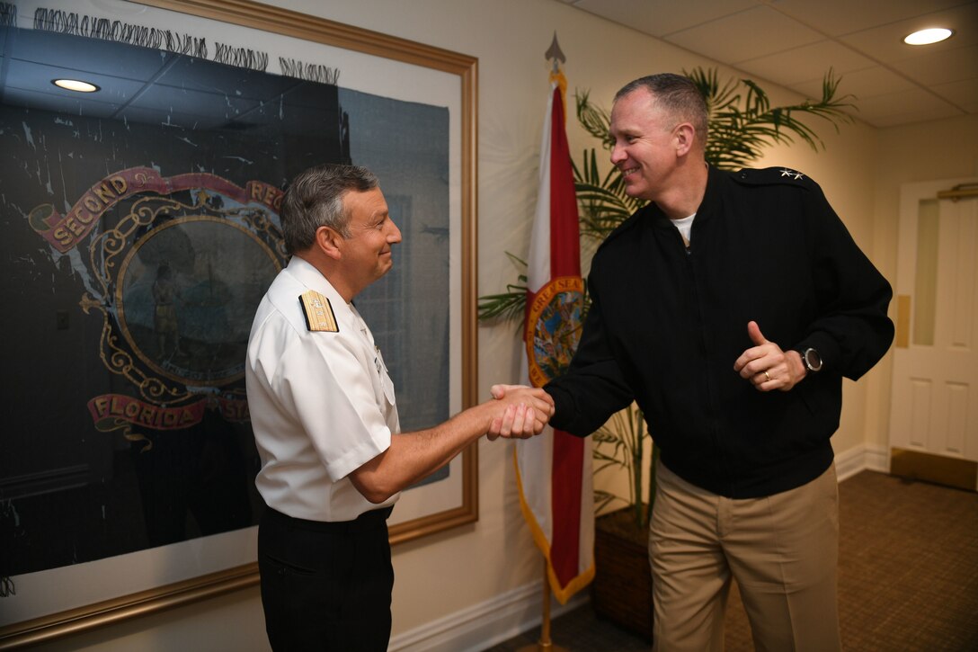 Rear Adm. Jim Aiken, Commander, U.S. Naval Forces Southern Command/ U.S. 4th Fleet, right, meets Rear Adm. Raul Zamorano, Deputy Chief of the Navy General Staff (EMGA) of the Chilean Navy (Amada de Chile) at the 26th annual Maritime Staff Talks (MST), March 29, 2022.. MSTs support the U.S. maritime strategy by building and strengthening working relationships with U.S. and partner nations.