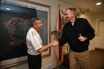 Rear Adm. Jim Aiken, Commander, U.S. Naval Forces Southern Command/ U.S. 4th Fleet, right, meets Rear Adm. Raul Zamorano, Deputy Chief of the Navy General Staff (EMGA) of the Chilean Navy (Amada de Chile) at the 26th annual Maritime Staff Talks (MST), March 29, 2022.. MSTs support the U.S. maritime strategy by building and strengthening working relationships with U.S. and partner nations.