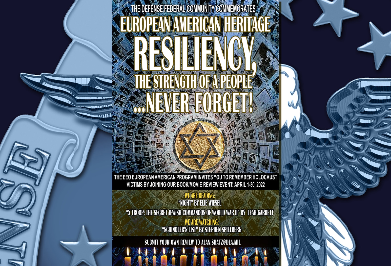 A poster on  blue and light blue background with a shadow. Poster is centered on top of the background. Poster is of a Jewish Star on a mosaic background and has lit candles at the bottom.