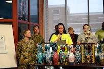 Amy Nowak, Sexual Assault Response Coordinator and SAPR Program Manager at JBAB and the National Capital Region, speaks during a Sexual Assault Awareness and Prevention Month event at JBAB, Washington, D.C., March 31, 2022.