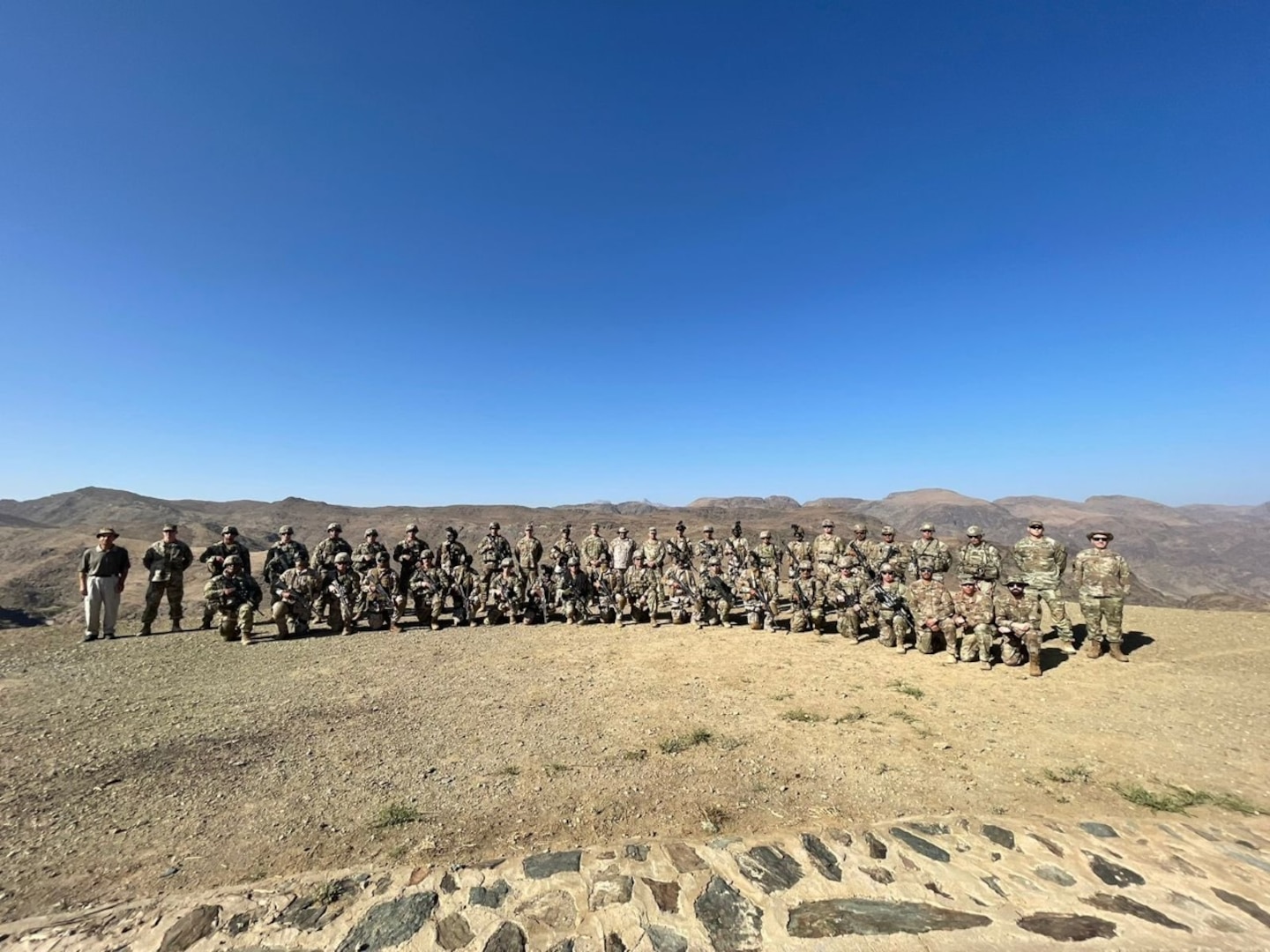 U.S. Army Soldiers from 3rd Battalion, 172 Infantry (Mountain) Headquarters Company and C Company, Vermont National Guard, conduct mountain training with Royal Saudi Land Forces Special Forces at the RSLF Mountain Warfare School in Saudi Arabia. Between October and November 2021, approximately 70 U.S. Army Soldiers attended the training. (Courtesy photo)