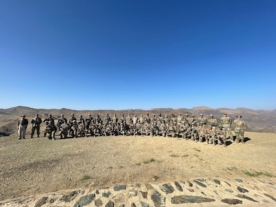 U.S. Army Soldiers from 3rd Battalion, 172 Infantry (Mountain) Headquarters Company and C Company, Vermont National Guard, conduct mountain training with Royal Saudi Land Forces Special Forces at the RSLF Mountain Warfare School in Saudi Arabia. Between October and November 2021, approximately 70 U.S. Army Soldiers attended the training. (Courtesy photo)