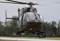 U.S. Army Warrant Officer 1 Josh Bilby, assigned to Bravo Company, 1st Battalion, 145th Aviation Regiment, performs a hover taxi in a UH-72 Lakota Helicopter on Toth Stagefield Army Heliport, Fort Rucker, AL,. November 8, 2019.