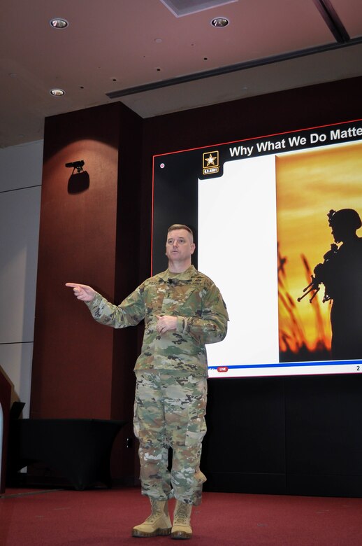 Maj. Gen. Todd Royar, commander of U.S. Army Aviation and Missile Command, gives opening remarks at AMCOM 101 for Missiles March 1 at Bob Jones Auditorium on Redstone Arsenal, Ala.