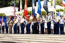 U.S. Service Members and Punahou School Army JROTC Cadets present national, state, and military flags during the National Vietnam War Veterans Day Ceremony at the National Memorial Cemetery of the Pacific, Honolulu, Hawaii, March 29, 2022. The ceremony was held in an effort to honor U.S. service members who served during the Vietnam War. (U.S. Marine Corps photo by Cpl. Brandon Aultman)