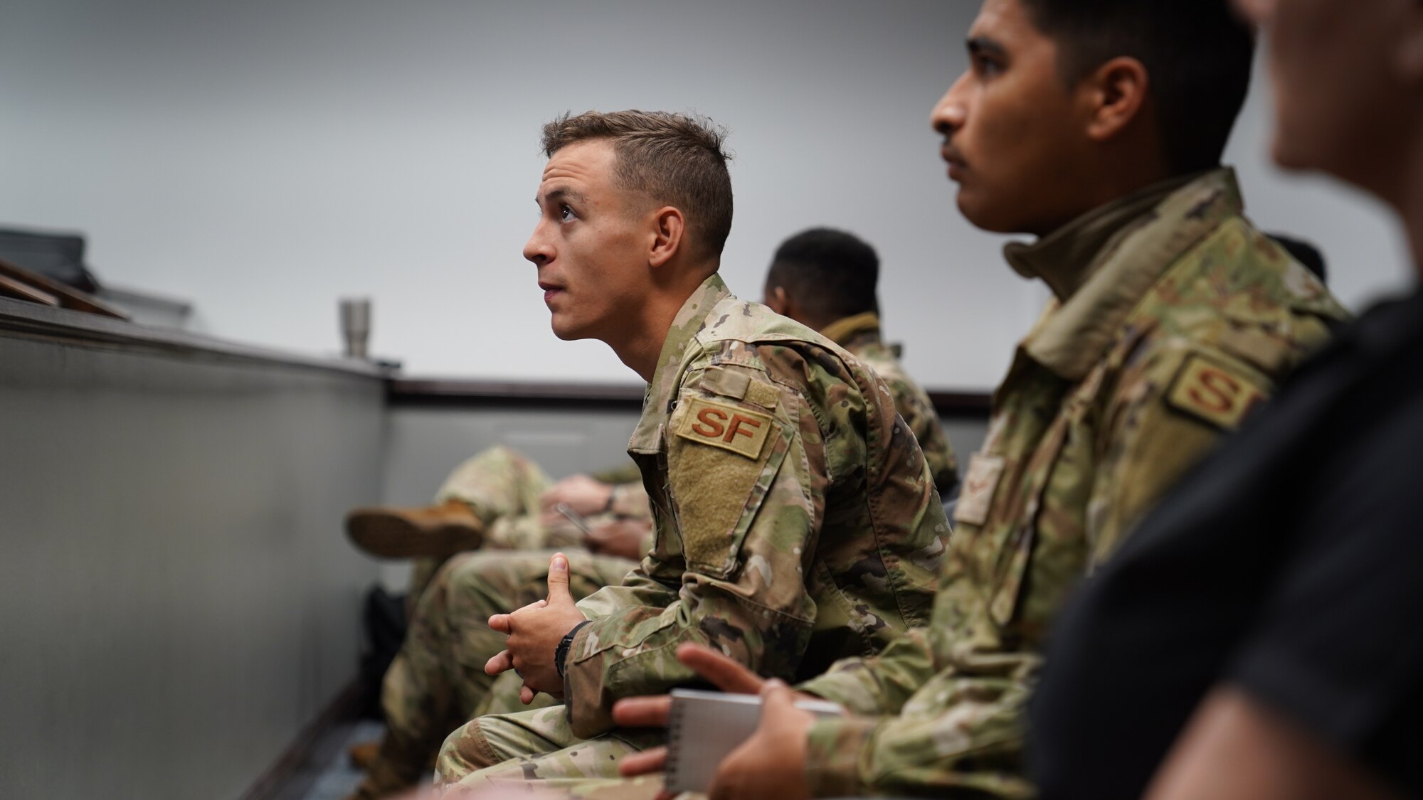 U.S. Air Force Airman 1st Class Noah Barbarin, 81st Security Forces Squadron member, listens to a lecture at Keesler Air Force Base, Mississippi, March 28, 2022. Barbarin attended this training given by legal to practice being in a courtroom setting. (U.S. Air Force photo by Airman 1st Class Elizabeth Davis)