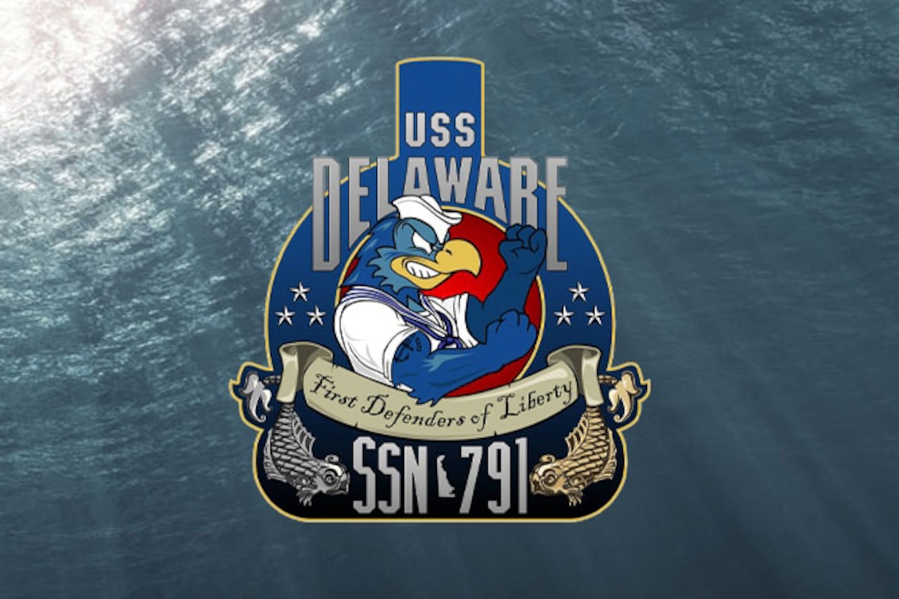 A graphic with an eagle and the words "USS Delaware - First Defenders of Liberty - SSN 791."