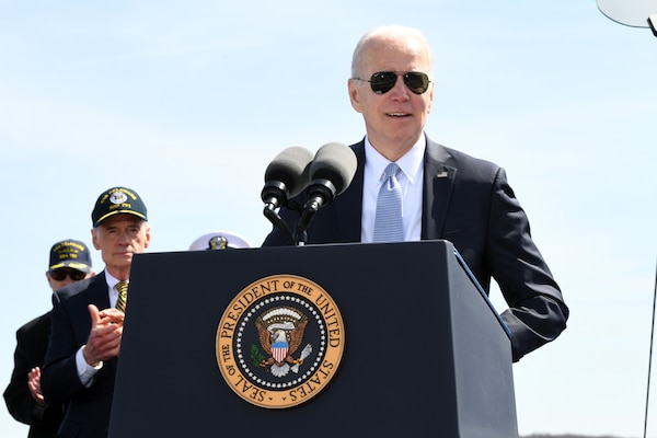 President of the United States Joe Biden delivers remarks during a commissioning commemoration ceremony for the Virginia-class submarine USS Delaware (SSN 791) in Wilmington, Delaware April 2, 2022.