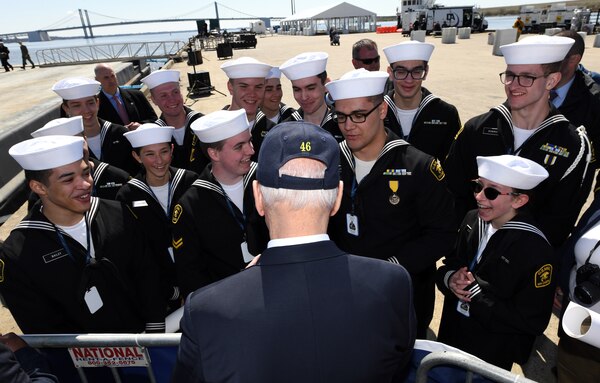 President of the United States Joe Biden speaks with Sea Cadets following a following a commissioning commemoration ceremony for the Virginia-class submarine USS Delaware (SSN 791) in Wilmington, Delaware April 2, 2022.