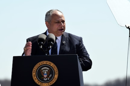 Secretary of the Navy Carlos Del Toro delivers remarks during a commissioning commemoration ceremony for the Virginia-class submarine USS Delaware (SSN 791) in Wilmington, Delaware April 2, 2022.