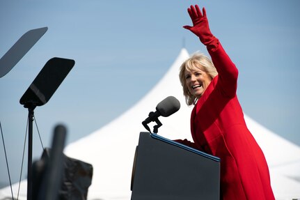 First Lady Jill Biden, ship’s sponsor for the Virginia-class submarine USS Delaware (SSN 791), delivers remarks during a commissioning commemoration ceremony in Wilmington, Delaware April 2, 2022.