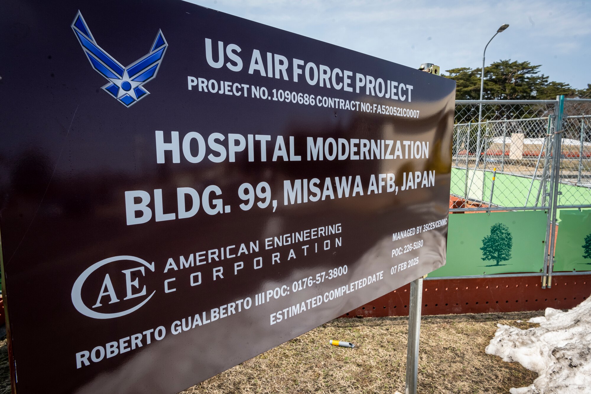 Brown sign outside the 35th Medical Group clinic modernization construction site at Misawa Air Base, Japan.