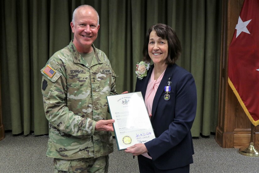 Beth Ann Shuttlesworth, executive assistant to eight of Pennsylvania’s adjutants general during her 35-year career, marked her retirement with a ceremony March 31 at Fort Indiantown Gap. Maj. Gen. Mark Schindler, Pennsylvania’s adjutant general spoke at the ceremony and presented several awards, including a flag flown at the U.S. Capitol, and proclamations from the Pennsylvania House of Representatives and Senate.