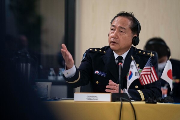 Army Gen. Mark A. Milley, chairman of the Joint Chiefs of Staff, meets with Japan Chief of the Joint Staff Gen. Koji Yamazaki and Chairman of the Republic of Korea Joint Chiefs of Staff Gen. Won In Choul during a trilateral meeting at Camp Smith, Hawaii, March 30, 2022. (DOD Photo by Navy Chief Petty Officer Carlos M. Vazquez II)