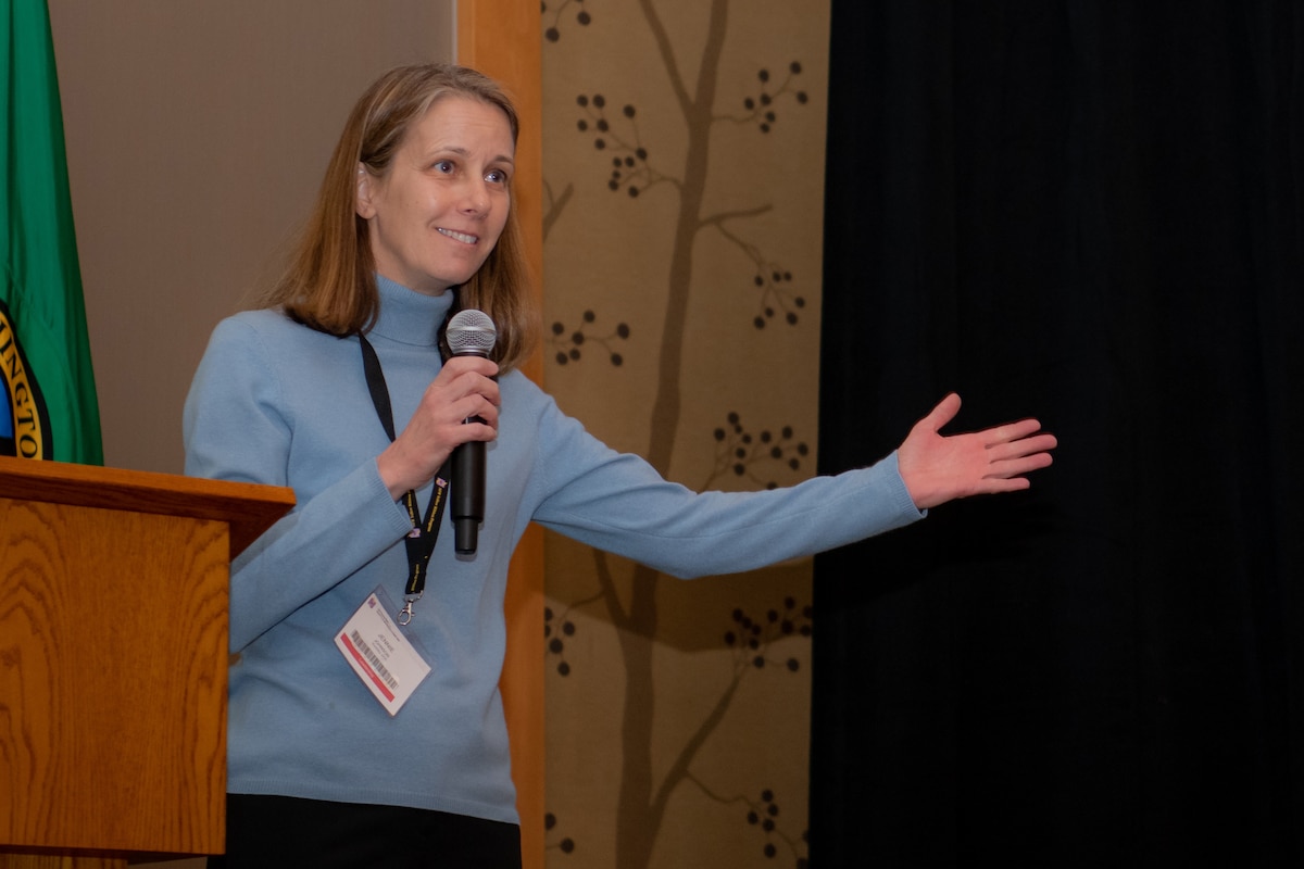 Photo of Brig. Gen. Jennie R. Johnson, Air Reserve Personnel Center commander, Buckley Air Force Base, Colorado, speaking to Reserve Airmen and their families at a Yellow Ribbon event on March 19.