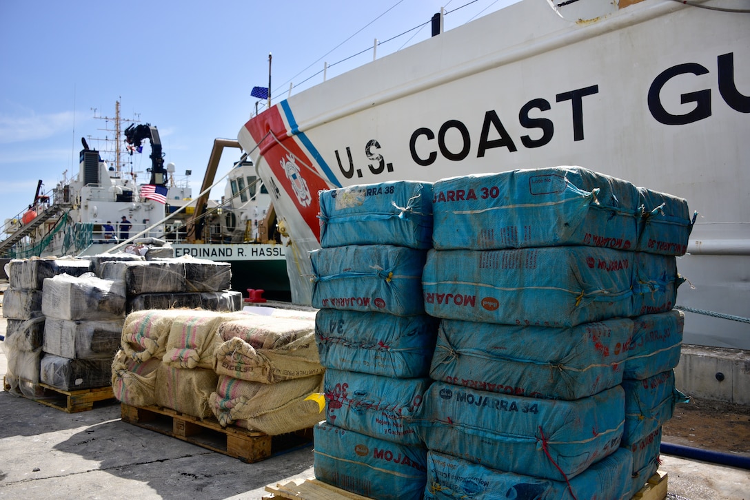 Pallets of illegal narcotics offloaded from U.S. Coast Guard Cutter Dauntless' (WMEC-624) following a drug offload at Base Miami Beach, Florida, April 1, 2022.