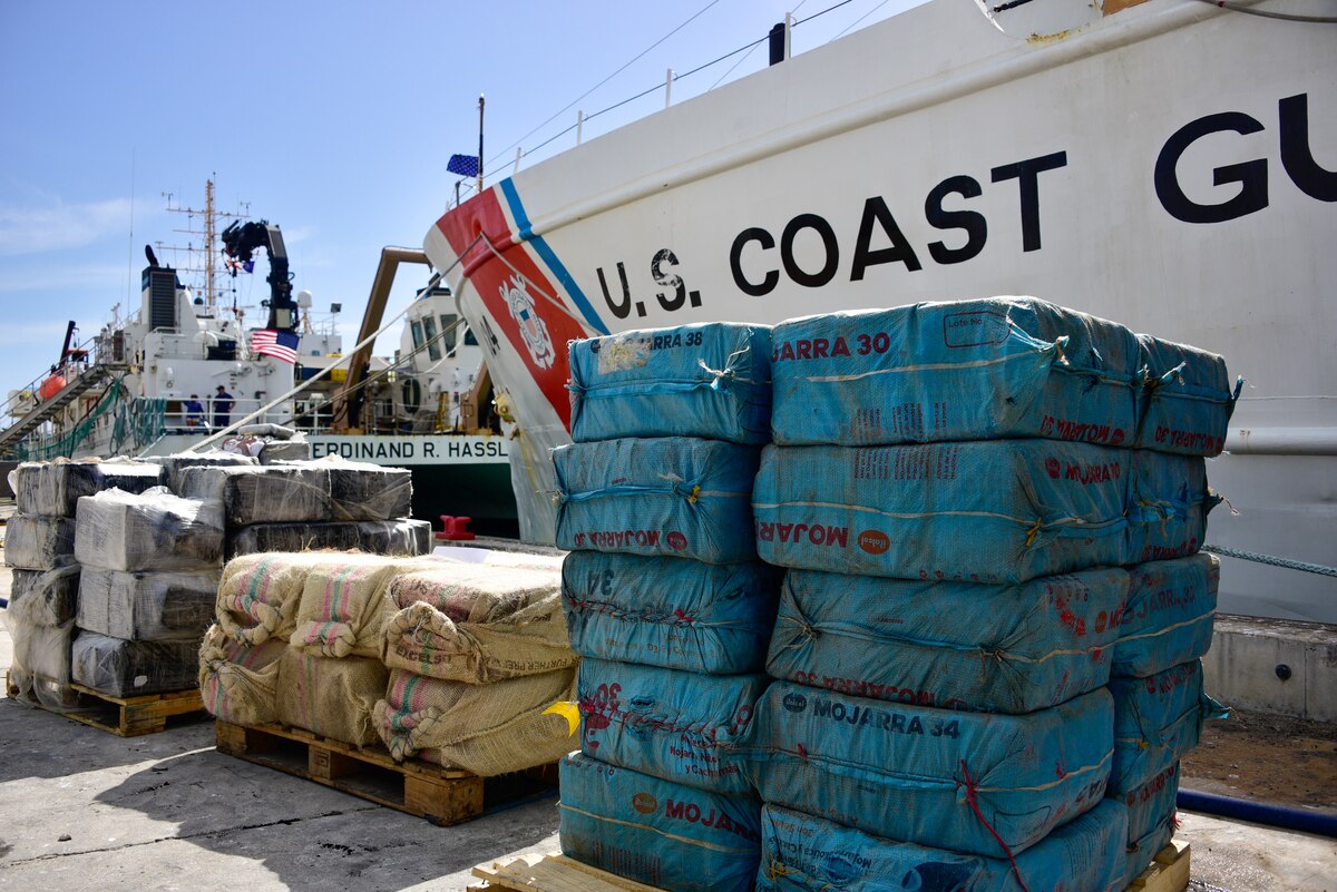 Pallets of illegal narcotics offloaded from U.S. Coast Guard Cutter Dauntless' (WMEC-624) following a drug offload at Base Miami Beach, Florida, April 1, 2022.