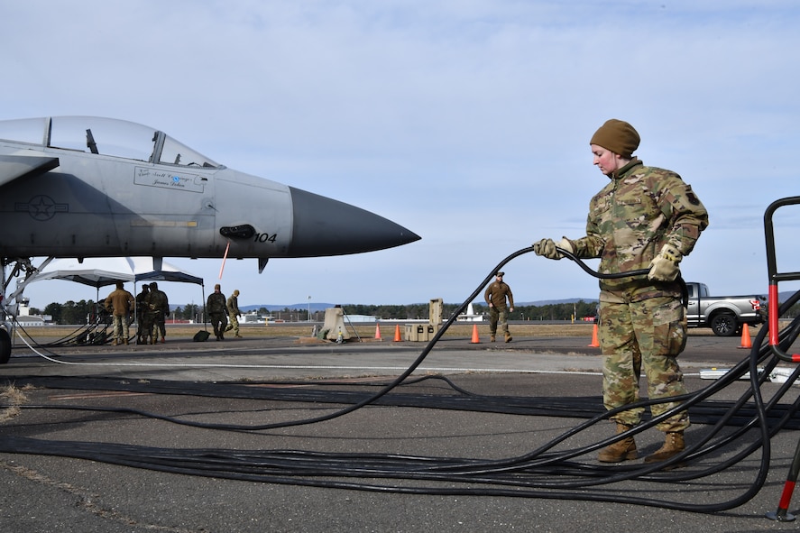 Nearly 50 Air National Guard and Air Force Reserve members from the 104th Fighter Wing, 158th Fighter Wing and 439th Air Mobility Wing completed a joint hands-on Crash, Damaged or Disabled Aircraft Recovery training at Barnes Air National Guard base, Massachusetts, April 3, 2022.