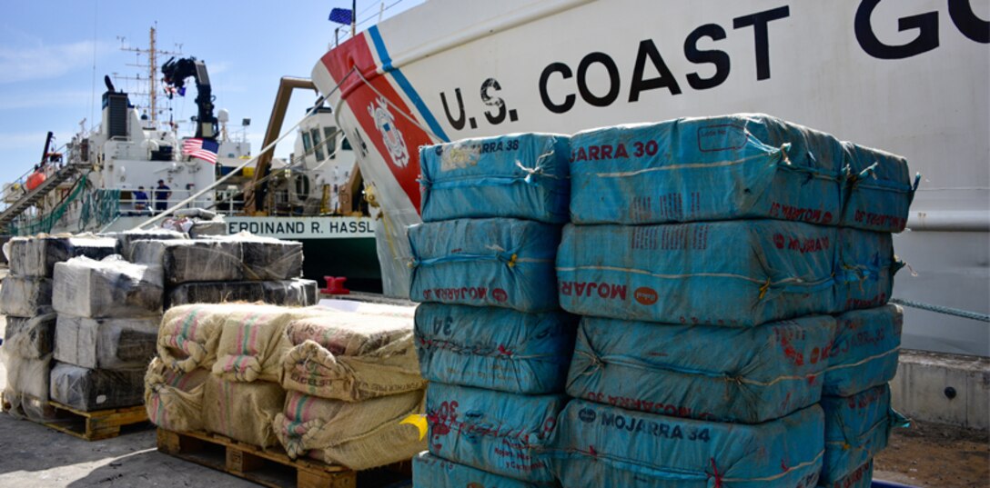 Pallets of illegal narcotics offloaded from U.S. Coast Guard Cutter Dauntless' (WMEC-624) following a drug offload at Base Miami Beach, Florida, April 1, 2022.