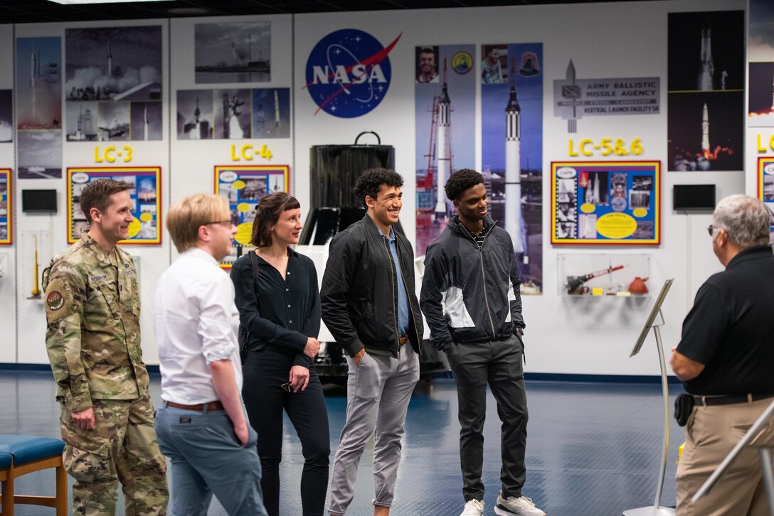 Graduate students from George Washington University visit the Sands Space History Center, March 14, 2022, at Cape Canaveral Space Force Station, Fla. The 5th Space Launch Squadron Falcon Flight has been working with four students from George Washington University through a National Security Innovation Network program called ‘Hacking for Defense’ (H4D) to better leverage historical SpaceX launch data to more efficiently and accurately assess mission risk and execute launch vehicle processing. (U.S. Space Force photo by Amanda Ryrholm)