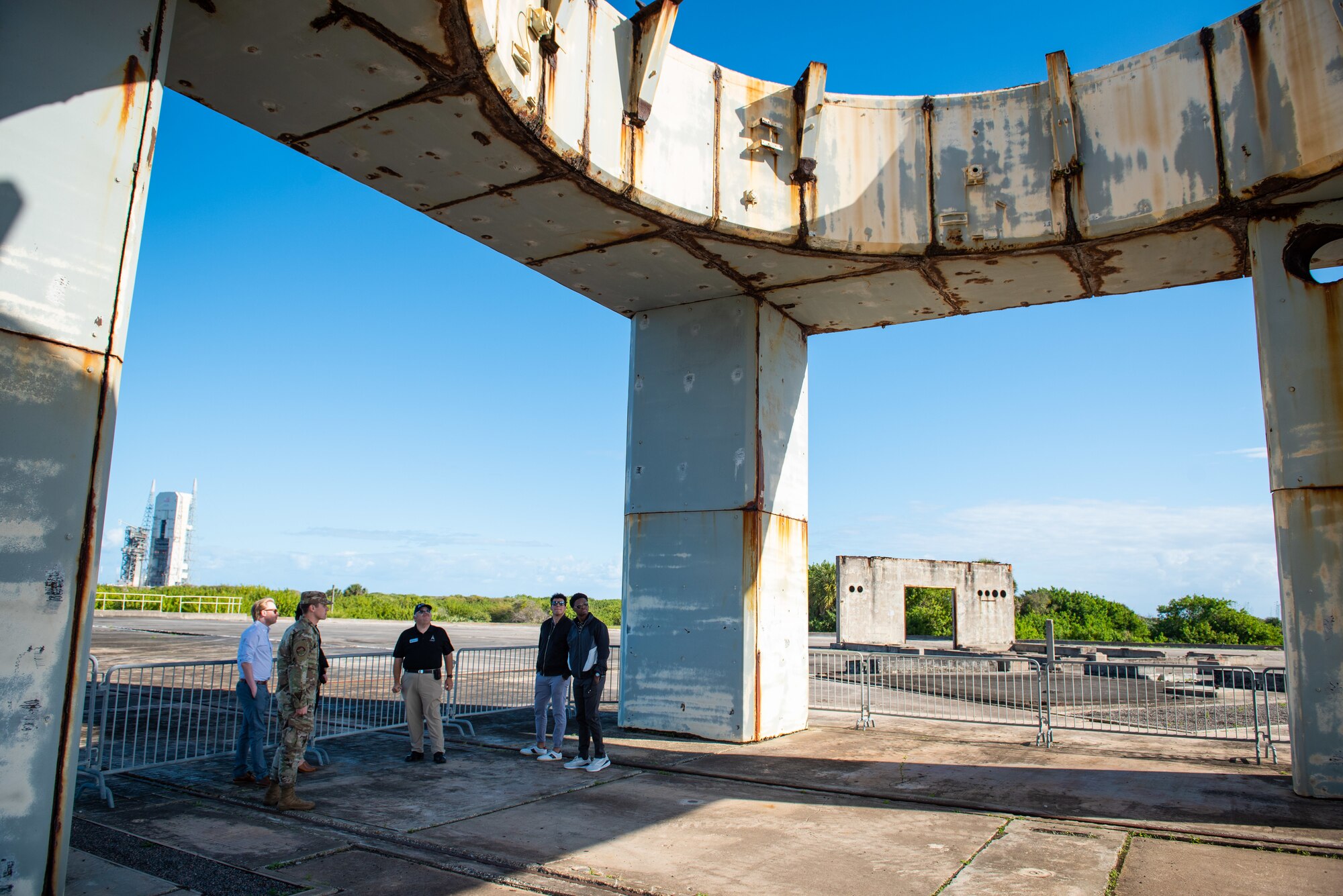 Graduate students from George Washington University visit Cape Canaveral Space Force Station, March 14, 2022, at CCSFS, Fla. The 5th Space Launch Squadron Falcon Flight has been working with four students from George Washington University through a National Security Innovation Network program called ‘Hacking for Defense’ (H4D) to better leverage historical SpaceX launch data to more efficiently and accurately assess mission risk and execute launch vehicle processing. (U.S. Space Force photo by Amanda Ryrholm)