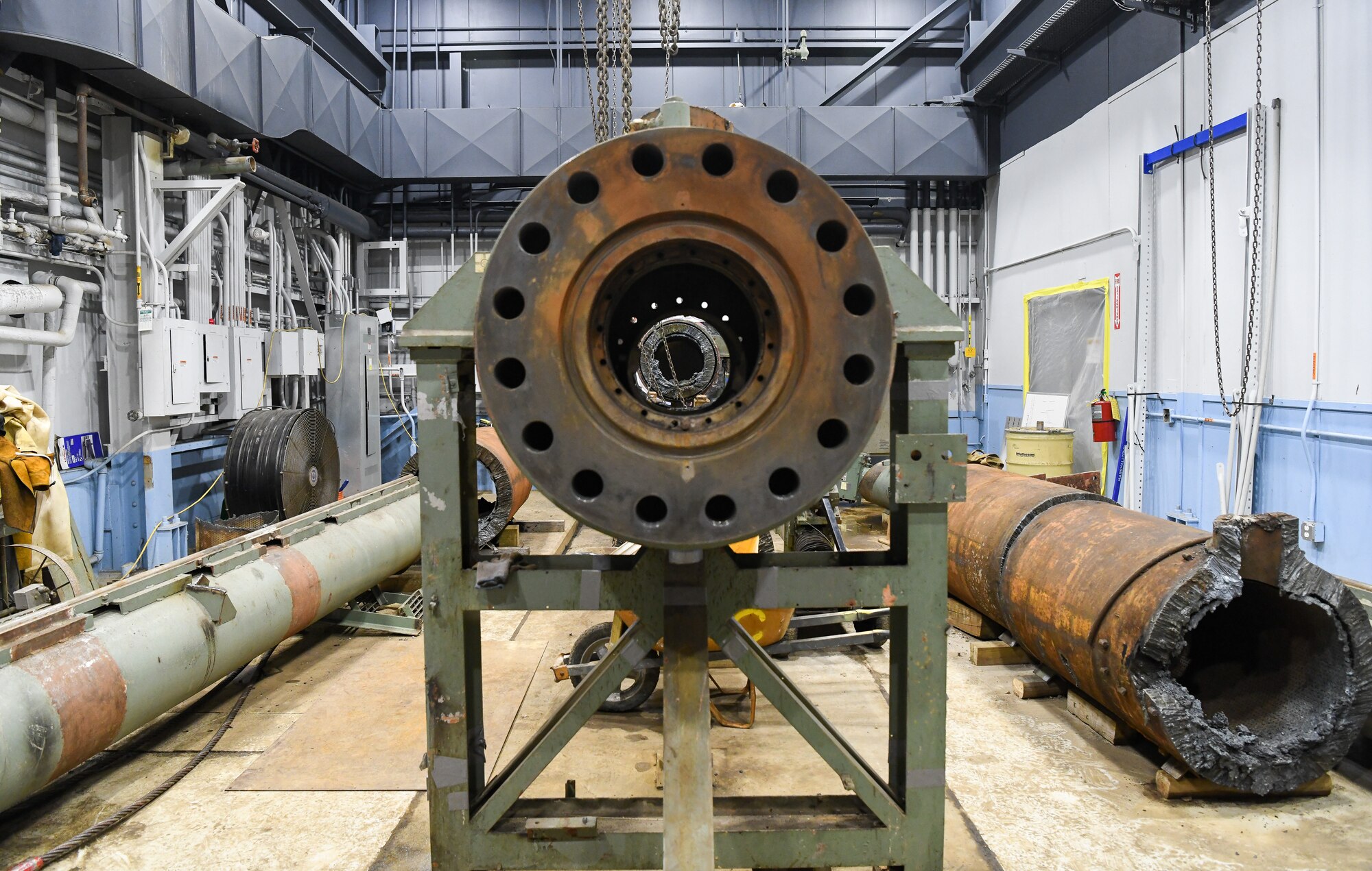 Prior to their removal, disassembled pieces of Tunnel E sit in a building that housed the old wind tunnel at the von Kármán Gas Dynamics Facility on Arnold Air Force Base, Tenn., March 4, 2022.