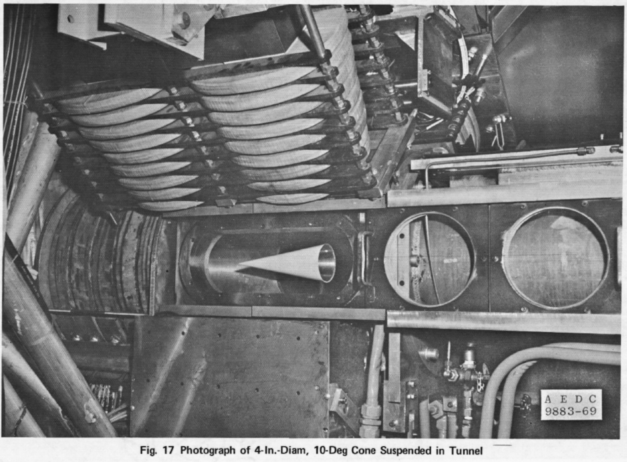 This photo from a test in the late 1960s with a 10-degree cone suspended in the Tunnel E facility at Arnold Air Force Base, Tenn. (U.S. Air Force photo)