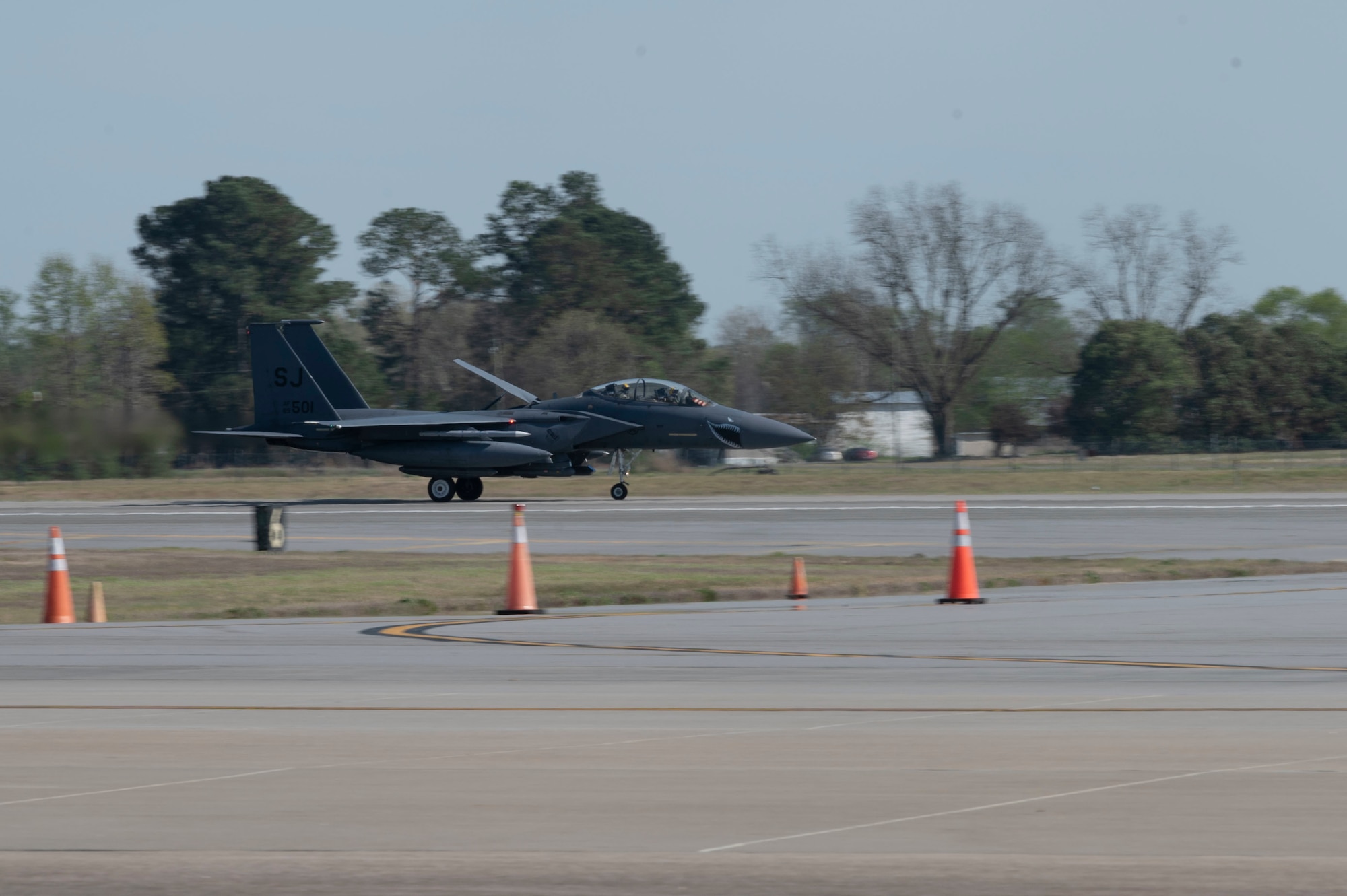 Airmen assigned to the 4th Fighter Wing arrive at Seymour Johnson Air Force Base, North Carolina, after returning from a deployment April 1, 2022. The Airmen and aircraft deployed to Europe in support of NATO operations where they ensured a protective posture of United States allies. (U.S. Air Force photo by Senior Airman Kevin Holloway)