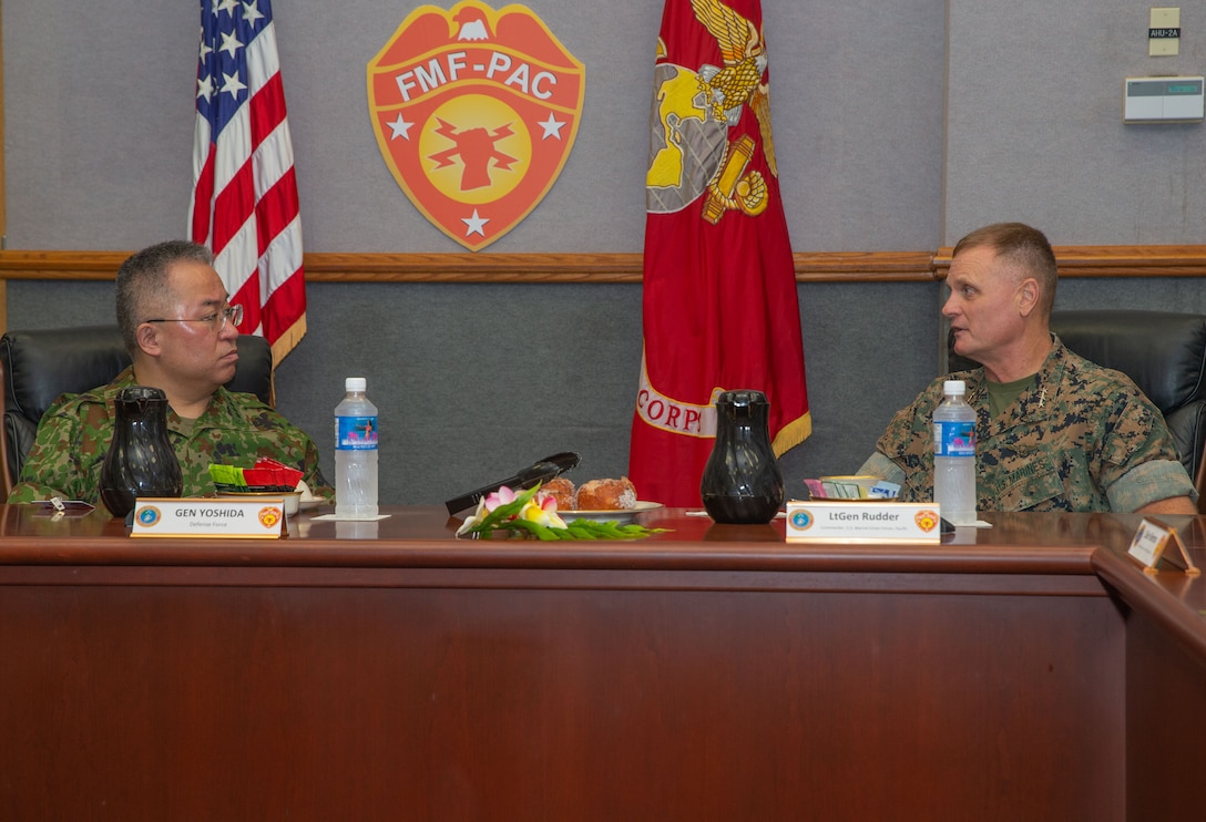From left, Gen. Yoshida Yoshihide, chief of staff, Japan Ground Self-Defense Force, and Lt. Gen. Steven R. Rudder, commander, U.S. Marine Corps Forces, Pacific, participate in a one-on-one working breakfast at Camp H.M. Smith. Both Gen. Yoshida and Lt. Gen. Rudder were participating in the 41st bilateral meeting of the annual Senior Leader’s Seminar, Fort Shafter, Hawaii, March 31st and April 1st. Each year, the U.S. Marines and Japan Self-Defense Force conduct ten bilateral exercises and participate together in numerous smaller unit-level engagements both bilaterally and with additional allies and partners throughout the region.