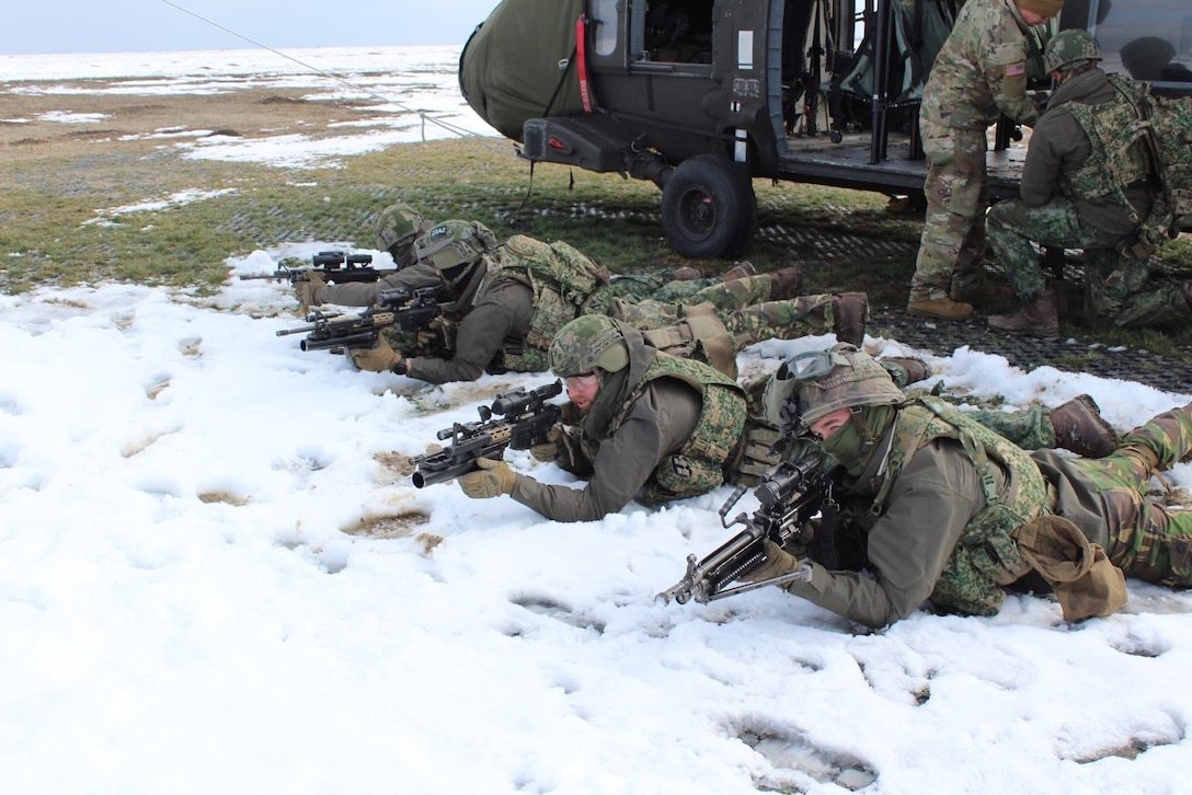 Soldiers lie prone in the snow with guns.