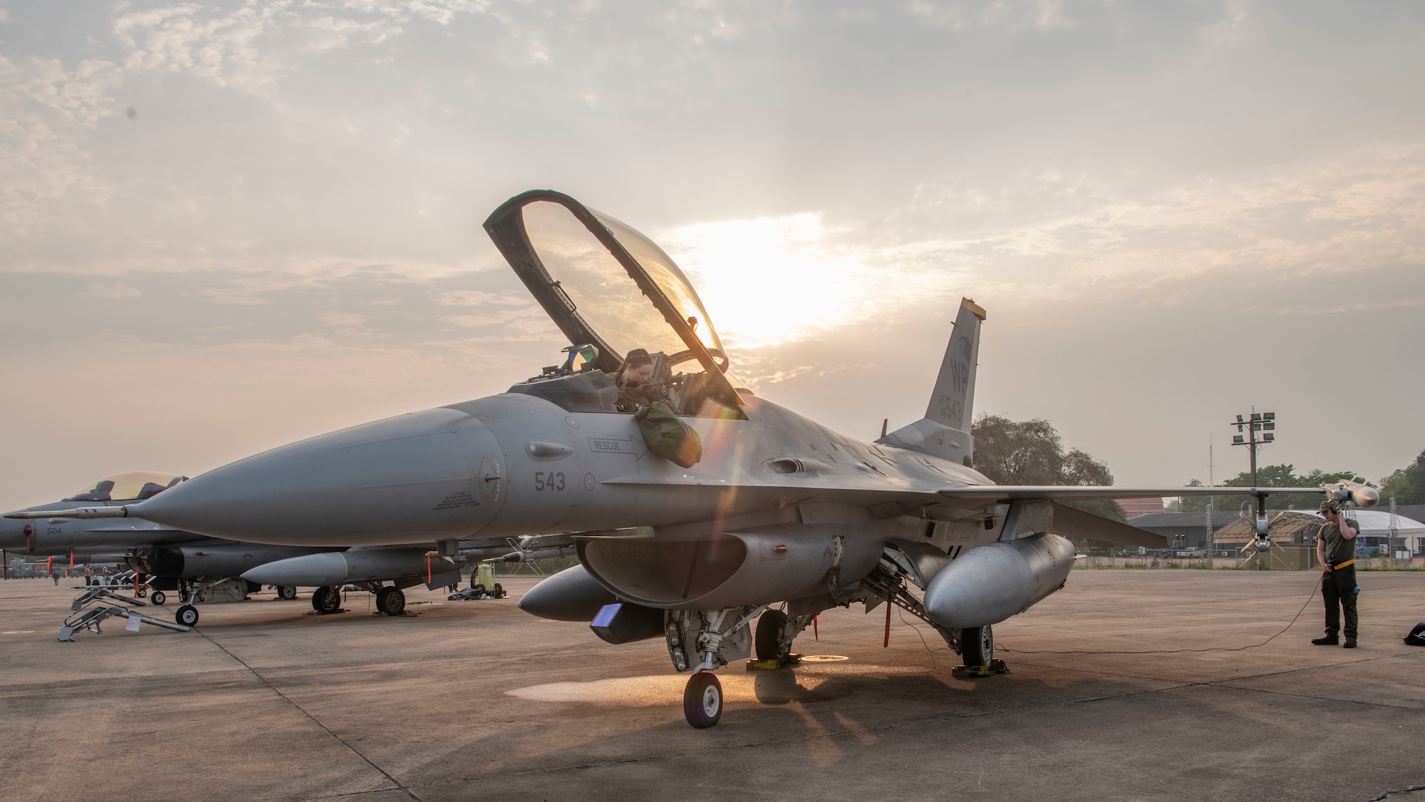 First Lt. Samantha “Force” Colombo, 35th Fighter Squadron pilot, returns from flying an F-16 Fighting Falcon during Cope Tiger 2022 at Korat Royal Thai Air Base, Thailand, March 18, 2022. Colombo is currently the only female fighter pilot stationed at Kunsan Air Base, Republic of Korea. (U.S. Air Force photo by Staff Sgt. Jesenia Landaverde)