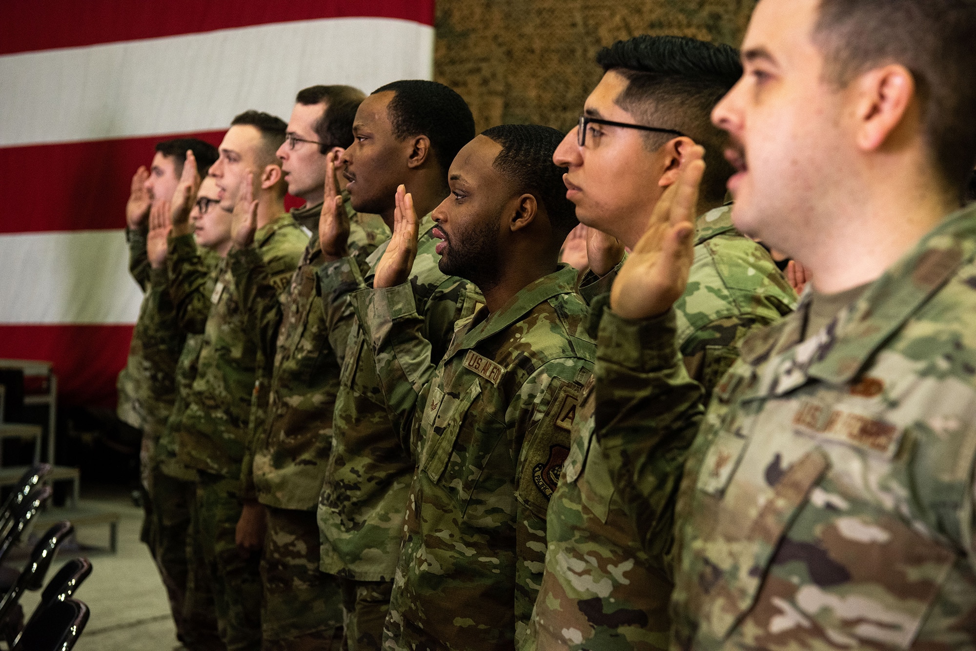 Airmen with the 36th Aircraft Maintenance Unit recite the Crew Chief Oath at Osan Air Base, Republic of Korea, March 21, 2022. The Crew Chief Oath is an affirmation of the responsibilities expected of a crew chief. It is also an acknowledgement of the rights and privileges afforded to DCCs