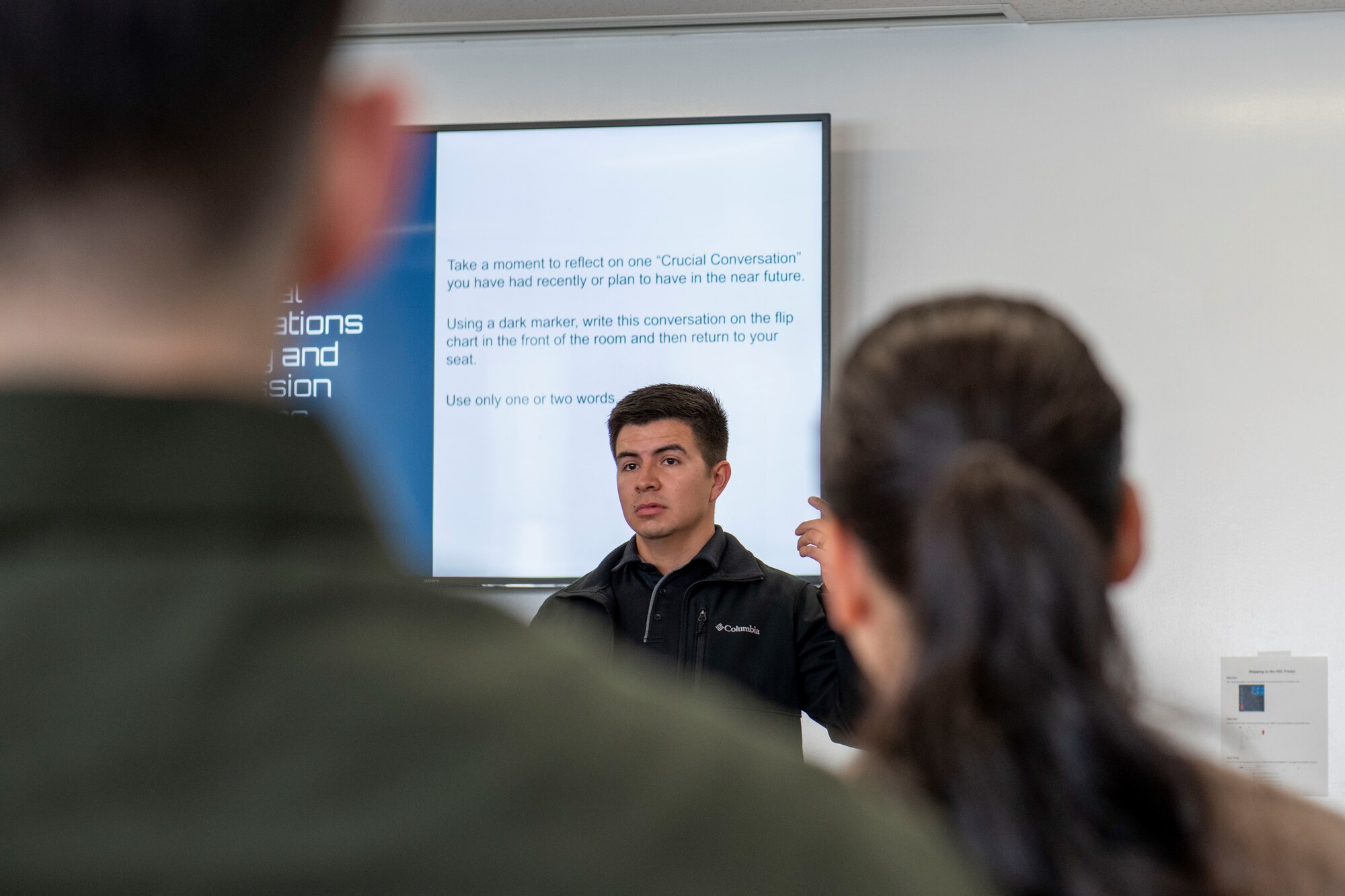 Tech. Sgt. Juan Calderon, 730th Air Mobility Squadron special handling NCO in charge, talks about having crucial conversations during a Project Enigma course at Yokota Air Base, Japan, March 31, 2022. This was the first Project Enigma course held in the Pacific Air Forces, and focused on retaining senior airmen and staff sergeants. (U.S. Air Force photo by Senior Airman Hannah Bean)