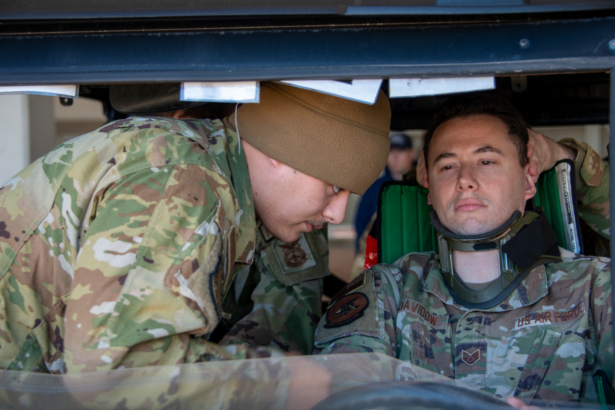 Airmen participate in a simulated patient extraction