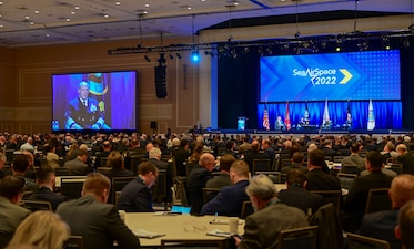 NATIONAL HARBOR, Md. (Apr. 4, 2022) Chief of Naval Operations (CNO) Adm. Mike Gilday speaks during a panel comprised of himself, Commandant of the Marine Corps Gen. David H. Berger and Commandant of the Coast Guard Admiral Karl Schultz, during the 2022 Sea-Air-Space Exposition. The Sea-Air-Space Exposition is an annual event that brings together key military decision makers, the U.S. defense industrial base and private-sector companies for an innovative and educational maritime focused event. (U.S. Navy photo by Mass Communication Specialist 1st Class Sean Castellano/Released)