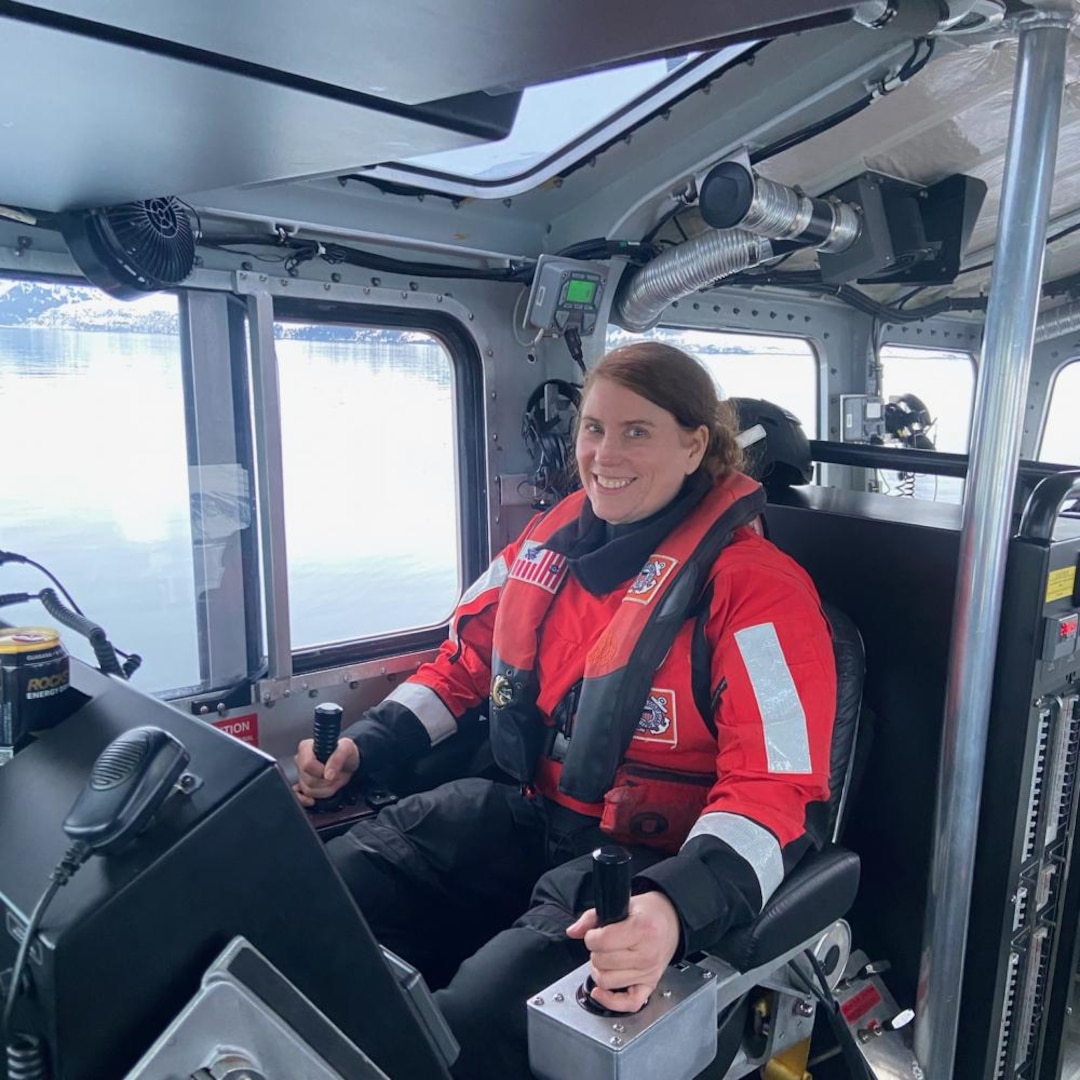 Chief Petty Officer Jennifer Stubblefield, 2021 Coast Guard Alaska Reserve Enlisted Person of the Year, operates a 45-foot Response Boat-Medium near Valdez, Alaska, March 21, 2022. Stubblefield is responsible for leading Coast Guard boat crews on missions near Valdez and beyond in Prince William Sound. U.S. Coast Guard photo by Chief Petty Officer Paul Caldentey.