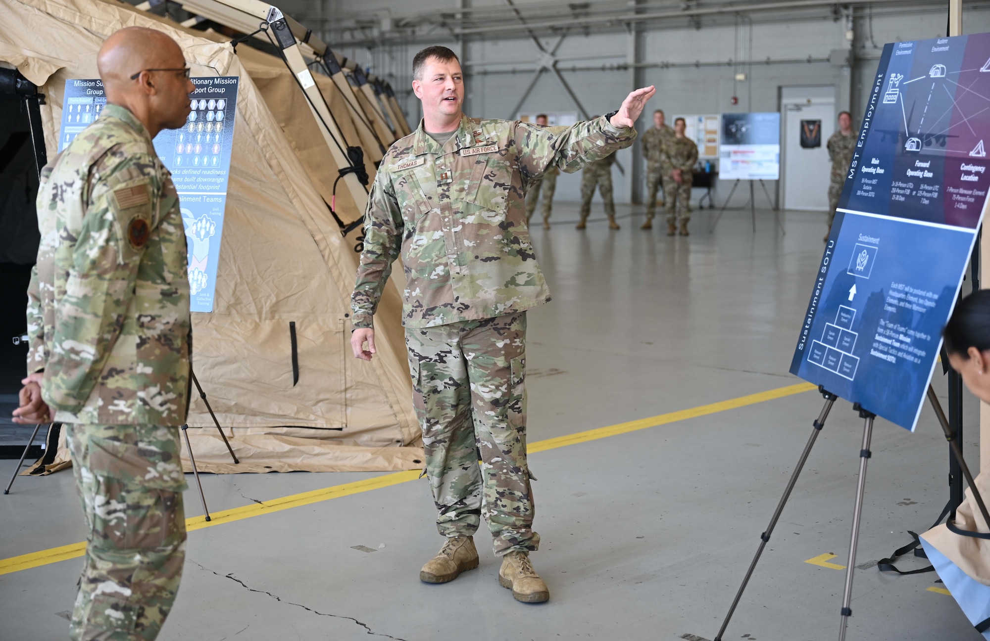 U.S. Air Force Capt. Joseph Thomas, director of operations for the 27th Mission Support Group, Detachment 1, briefs Air Force Chief of Staff Gen. CQ Brown, Jr., on Mission Sustainment Teams during Brown’s visit to Hurlburt Field, Florida, April 4, 2022. During his visit, Brown also met with junior enlisted Airmen and received command updates from Headquarters AFSOC staff, and briefings on Aviation Special Operations Task Units and Special Operations Task Groups. (U.S. Air Force photo by Staff Sgt. Brandon Esau)